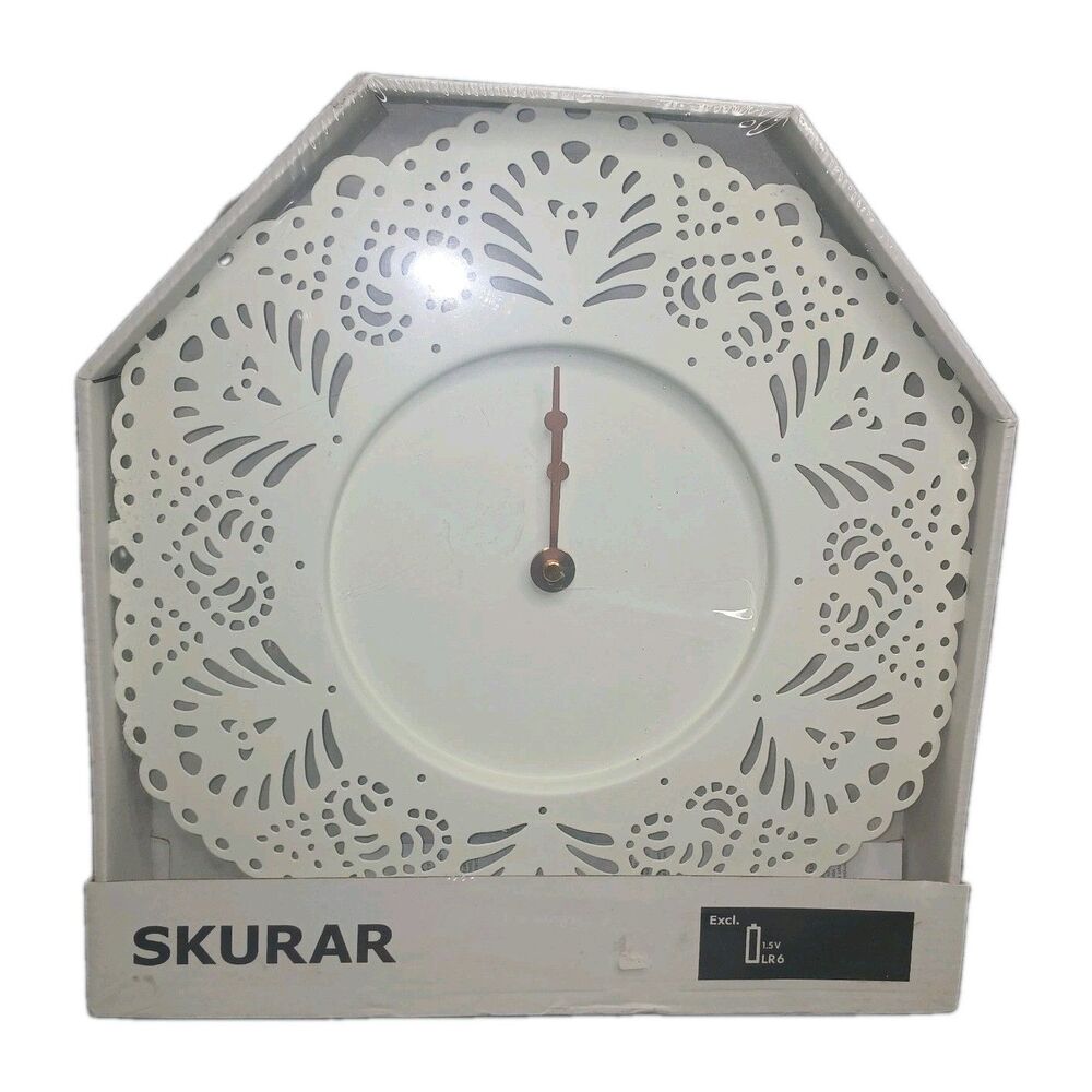 Ikea Skurar White Metal Clock Metal New in Package Lacey Design White